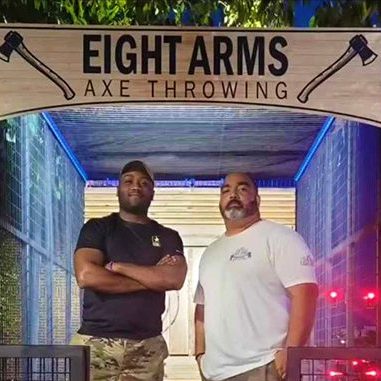 Co-founders Rene' Padilla Jr. and SFC Robert Rolle II on the mobile axe throwing trailer